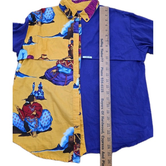 Vintage 80s Southwestern Western Art Shirt Purple Yellow Cowboy Print Colorblock - Picture 5 of 9